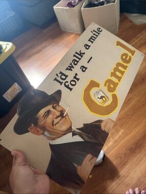Vintage Camel Cigarettes Advertising Tin Sign - Yellow & Black Graphic